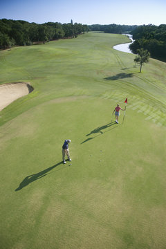 Aerial of golfers.