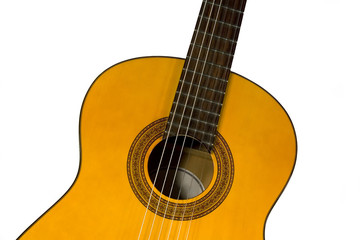 A closeup of a classic guitar