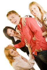 man in a red shirt with a three girlfriend