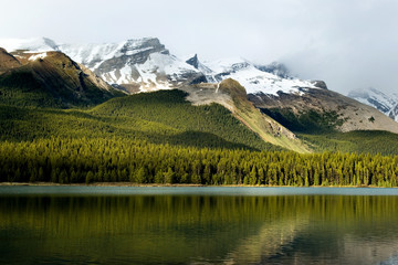 Fototapeta premium nadian Rockies mountain range reflecting in Maligne lake