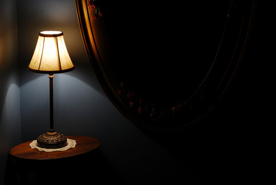 Stair Landing Night Lamp, Table, And Antique Wall Mirror
