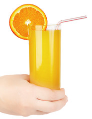 Hand with glass of orange juice isolated on white.