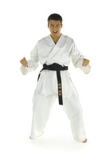 Young, Screaming man dressed white kimono