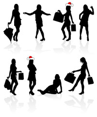 Set vector silhouettes girls with bag, illustration
