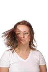 Brunette with streaks in hair shaking haed
