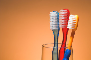 A family's toothbrushes in a glass container.