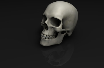 Human skull oblique graphic with reflection on black background