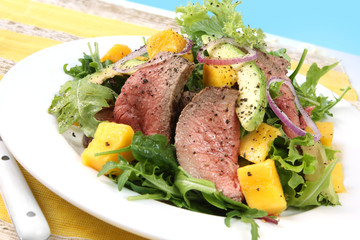 Spicy roast beef, mango and avocado salad.  