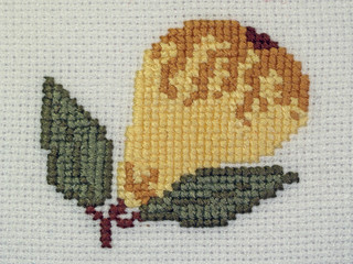 Detail of napkin embroidery (pear), close-up