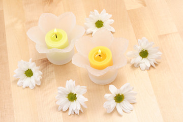 Fototapeta na wymiar candles and daisy flowers - beauty treatment
