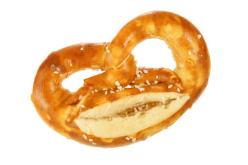 Salted pretzel with cheese isolated over white background