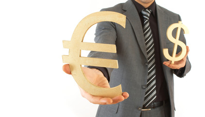 businessman with dollar and euro signs, space for messages