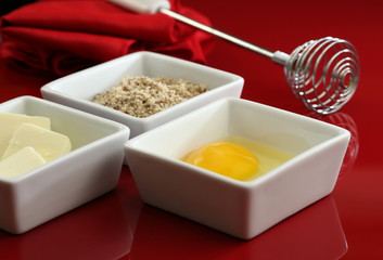 Raw eggs, butter and flour ready for cooking breakfast