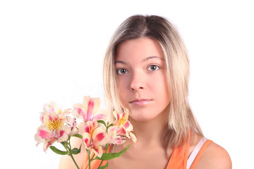 Obraz na płótnie Canvas Beautiful girl with flowers isolated on white background