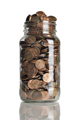 jar full of pennies and dollar bills 