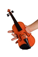 Fototapeta na wymiar Small violin in a hand. A white background