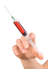 Hand and syringe with blood on a white background