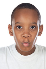 Boy with amazement face over white background