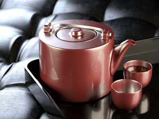 Red mother-of-pearl teapot on luscious leather pillow