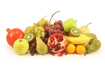 Different fruits on a white background.