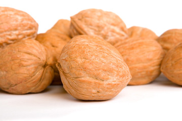 Walnuts on white background, focus on front nut