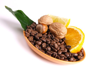 coffee beans, juicy oranges, cinnamon, walnut and lemon