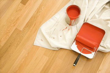 High angle view of painting supplies on drop cloth. - 5383849