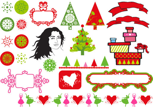 festive theme design elements Christmas trees, women- vector