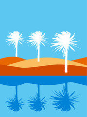 Three white vector palms on sand dunes with reflection