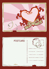 Grunge vector illustration of vintage postcard with heart