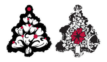 Grunge vector Christmas tree set with swirls and floral designs