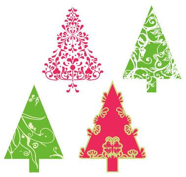 Christmas trees with swirls, scrolls and floral elements