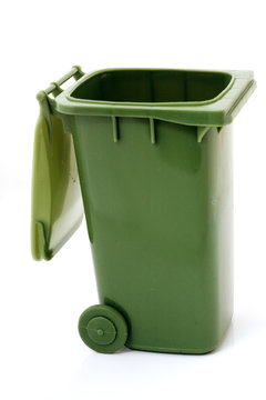 Green open recycle bin for garbage collection over white