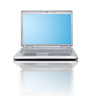 Modern laptop on white background with reflection.