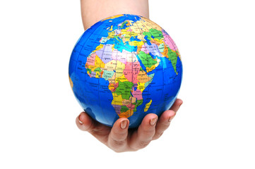 Hand holding globe isolated on the white