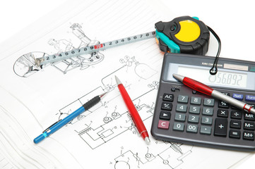 Design drawings, calculator, pens and measuring tape