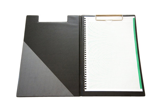 Open binder with blank sheet of paper isolated