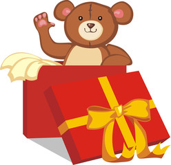 Toy bear in a red cardboard gift box with a yellow bow