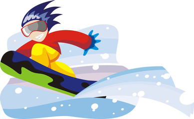 Snowboarder move  down from mountain on a snowboard 