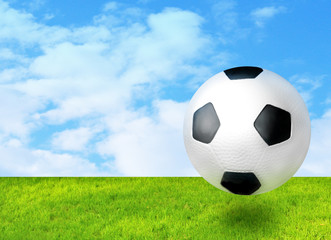 football ball beween green grass and blue sky