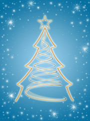 golden 3d christmas tree stars and white lights blue background.