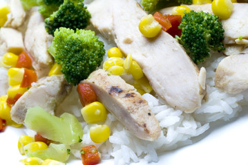 grilled chicken breast white meat filet with vegetables and rice