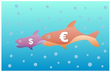 Fototapeta premium parody of bigger fish eat smallest fish with euro and dollar