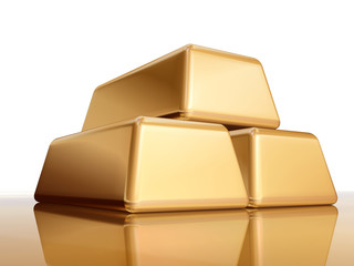 three 3d golden bullions with reflection, ingot, bar