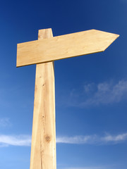 Blank wooden signpost over blue sky