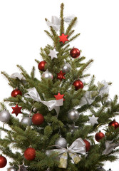 Fototapeta na wymiar decorated christmas tree with on white close up