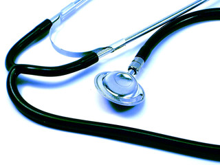 Sthetoscope on white background filled with blue light