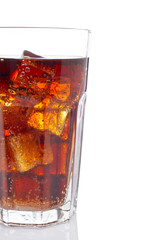 Detail of soda glass, reflected on white background