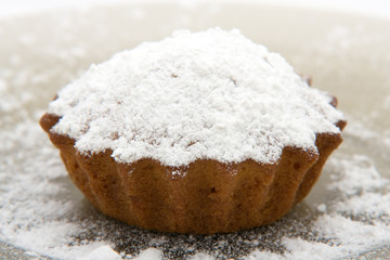 Small tasty cherry cake powdered with sugar on a plate