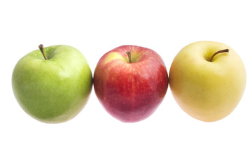 a green, red and yellow apple isolated on white background